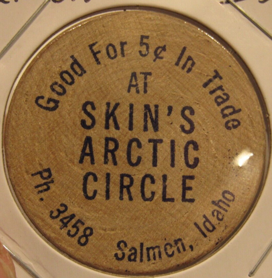 Vintage Skin\'s Artctic Circle Salmon, ID Wooden Nickel - Token Idaho Ida.