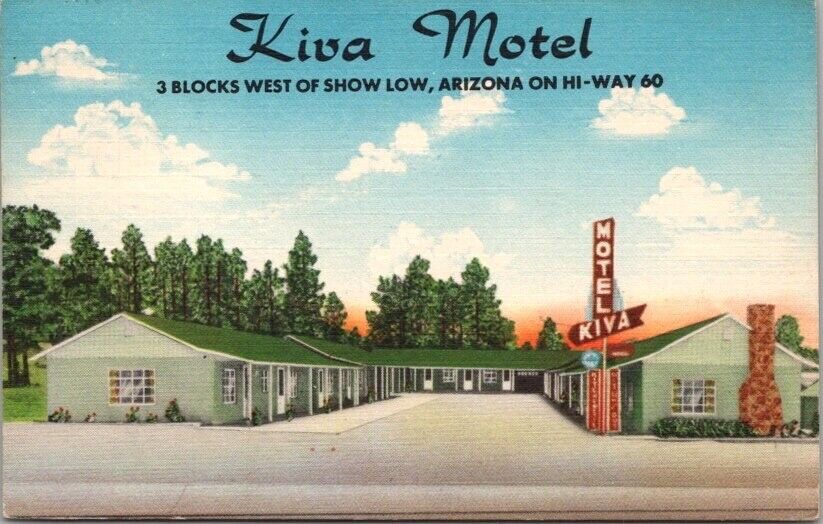 SHOW LOW, Arizona Postcard KIVA MOTEL Highway 60 Roadside LINEN / 1954 Cancel