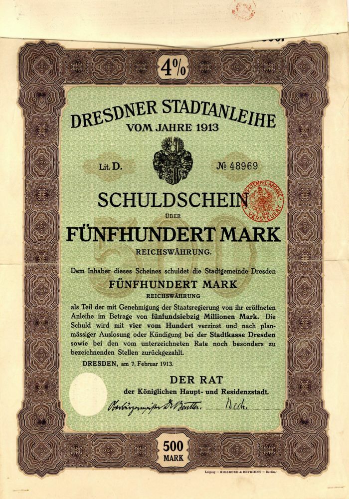 Dresdner Stadtanleihe- 500 Mark Bond - Foreign Bonds