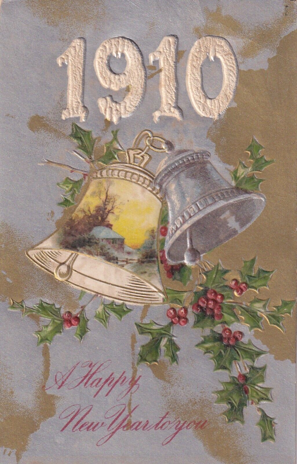 New Year, Winsch Year 1910 No WIN02-2, House in Bell Frame & Silver Bell