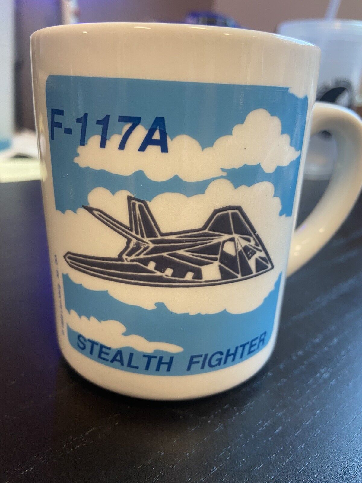 1989 F-117A STEALTH FIGHTER vintage coffee cup mug LOCKHEED NIGHTHAWK JET PLANE