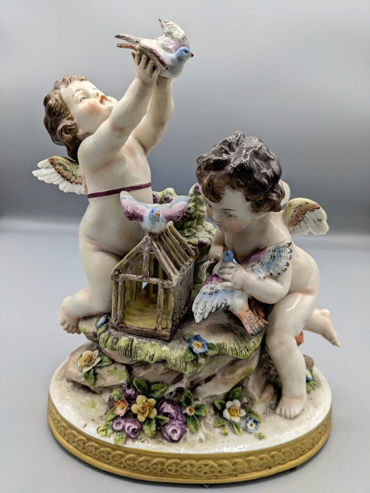 1901s Antique German Volkstedt Angels With Doves Porcelain Figurine Vase 7\