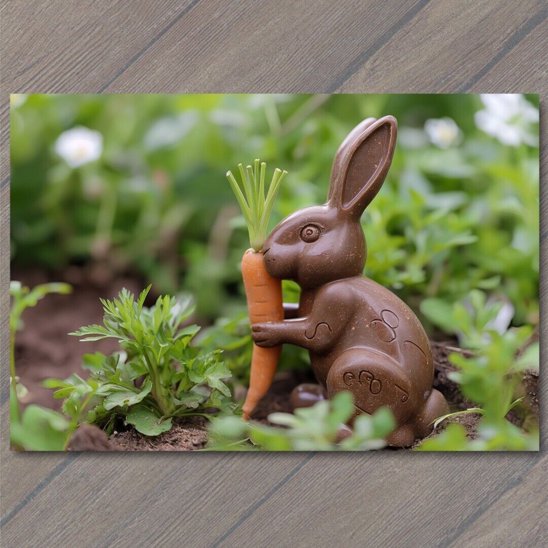 POSTCARD Easter Bunny Chocolate Rabbit Running Through Field Funny Cute Flower
