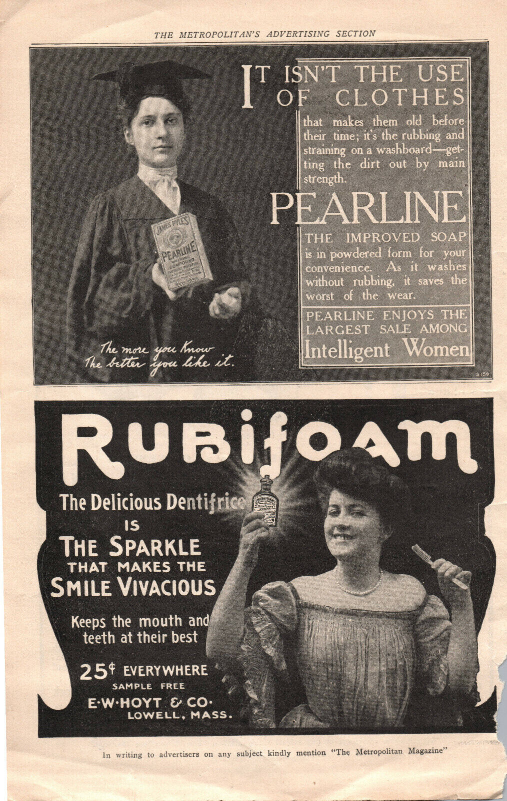 1900\'s OLD MAGAZINE PRINT AD,2 sided-Pearline soap- Rubifoam dental wash