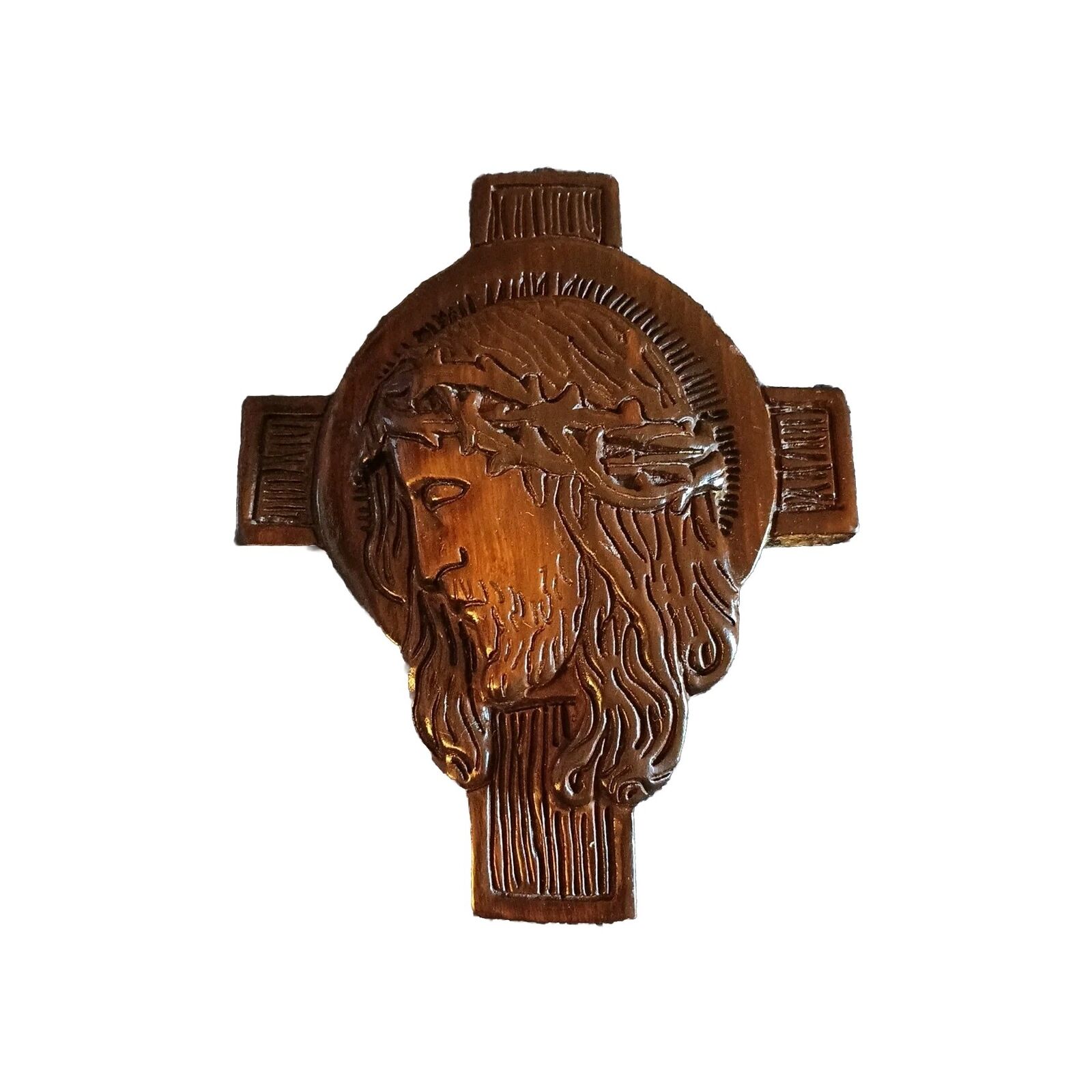 Hand Carved Wood Jesus Christ Head In The Cross Vintage