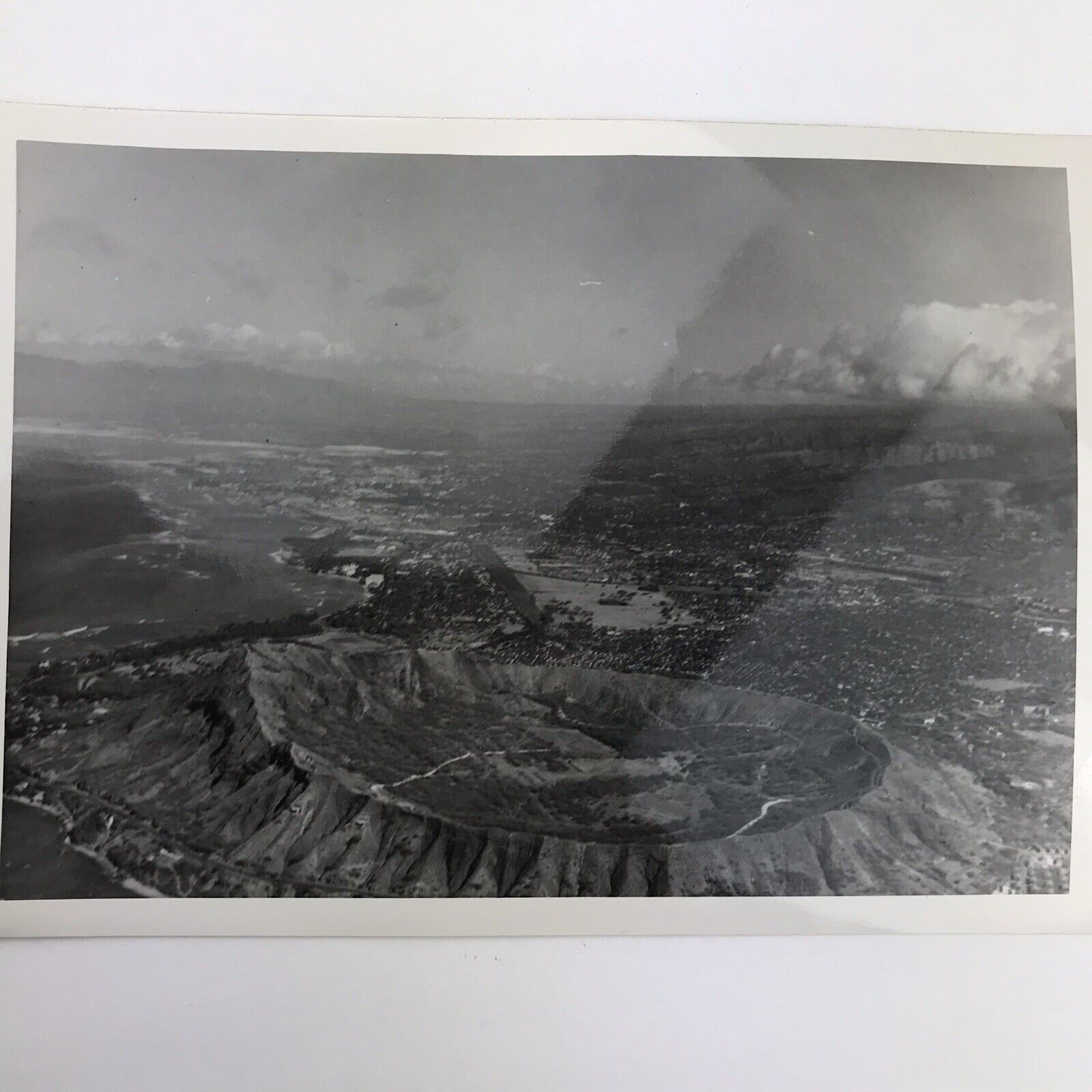 Vintage Black and White Photo Diamond Head Volcano Crater Aerial View Oahu