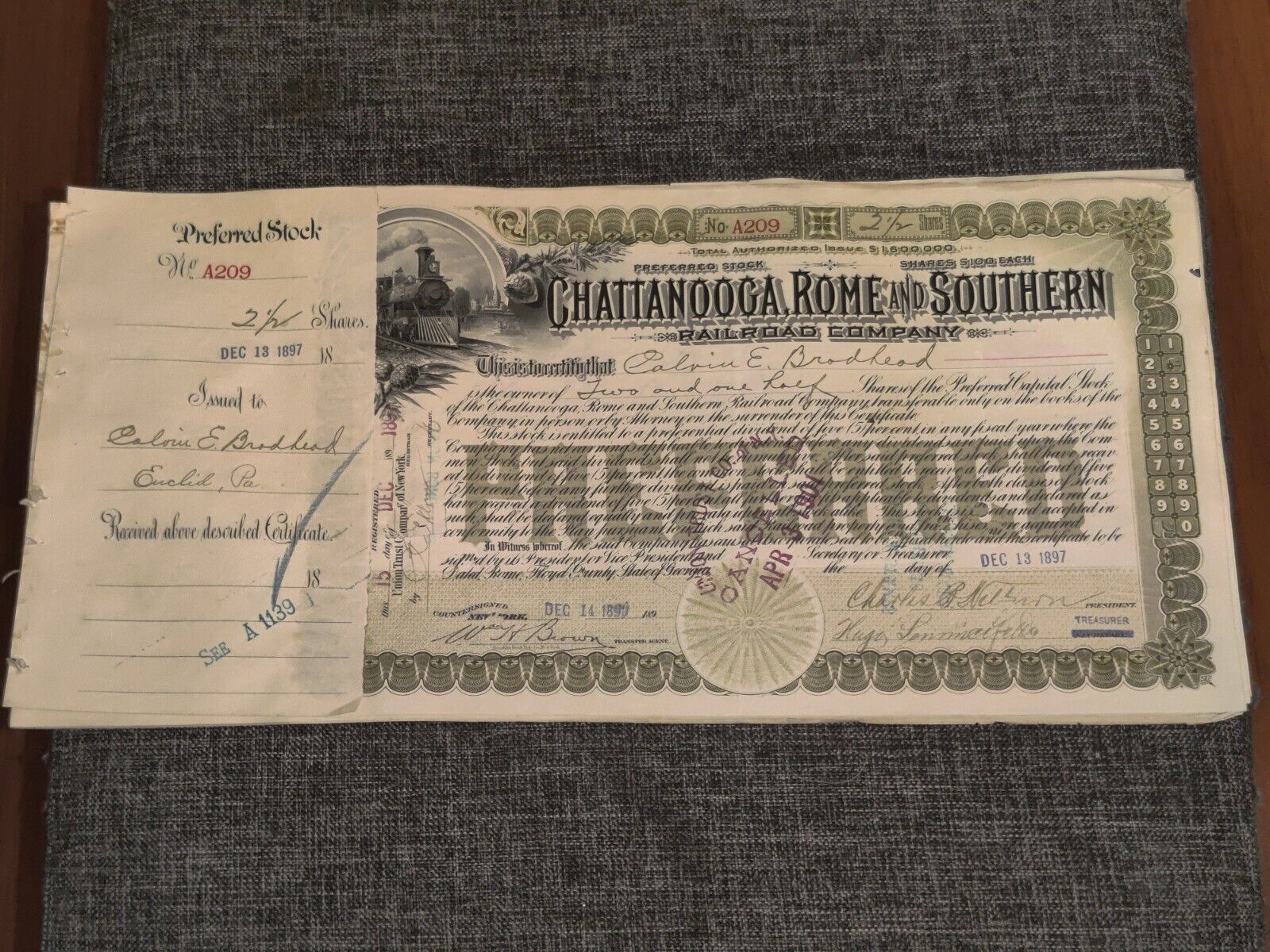 RARE Chattanooga Rome & Southern Railroad Co. Stock Certificate Issued 1897