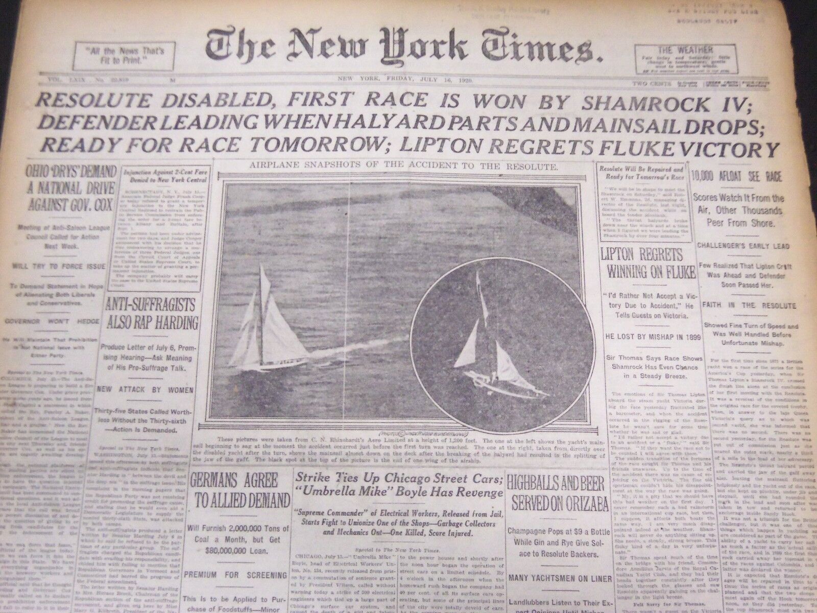 1920 JULY 16 NEW YORK TIMES - RESOLUTE DISABLED, SHAMROCK WON RACE - NT 5368