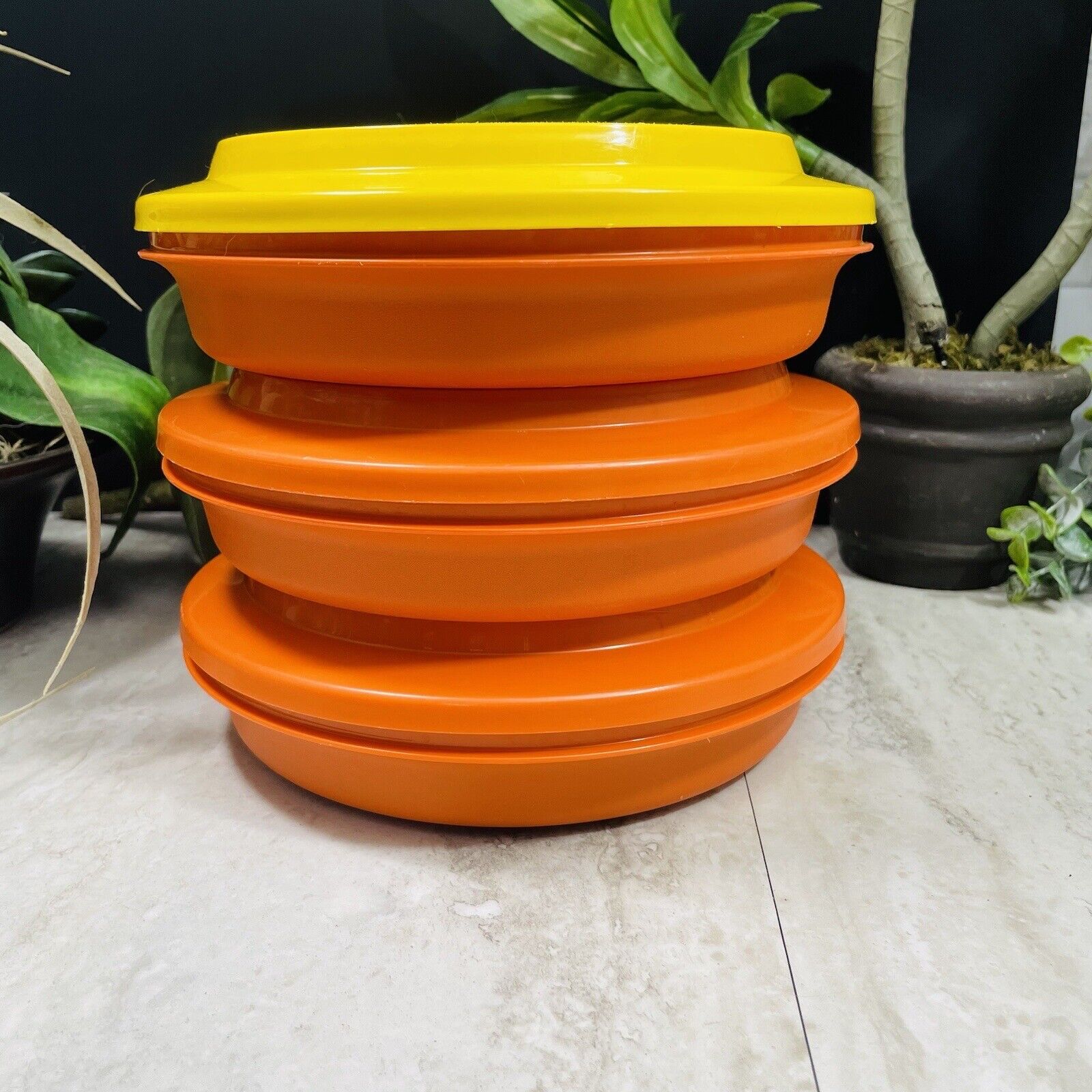 Vintage Tupperware Harvest Yellow & Orange Seal N Serve Bowls #1336 1337 Set 3
