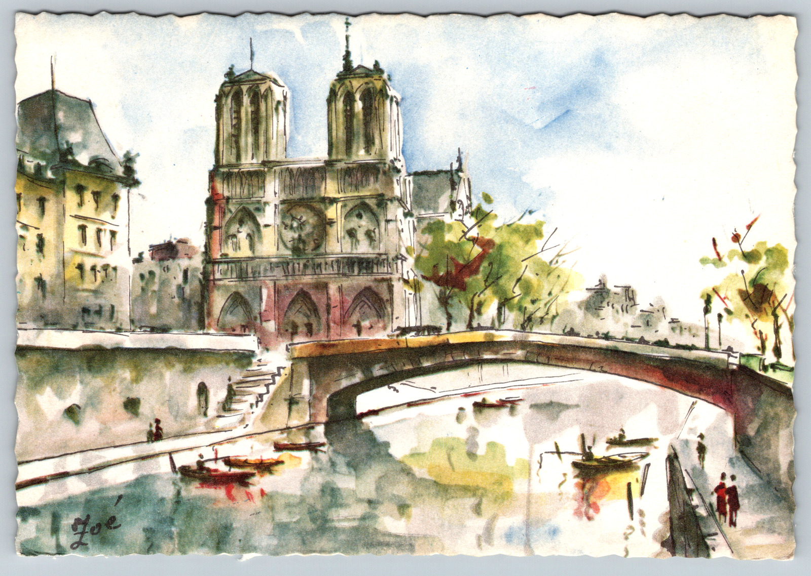 c1970s Paris France Art Zoe Notre Dame Bridge Vintage Postcard