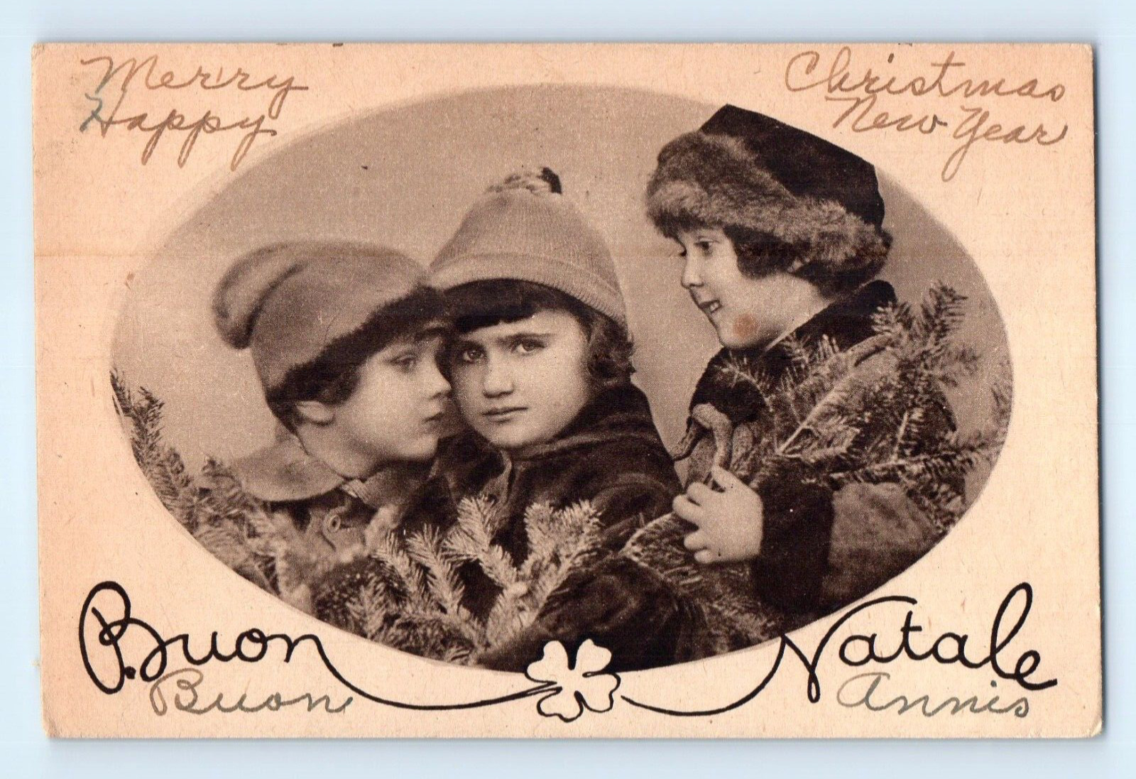 Vintage 1944 Real Photo Italian Merry Christmas Postcard 3 young girls