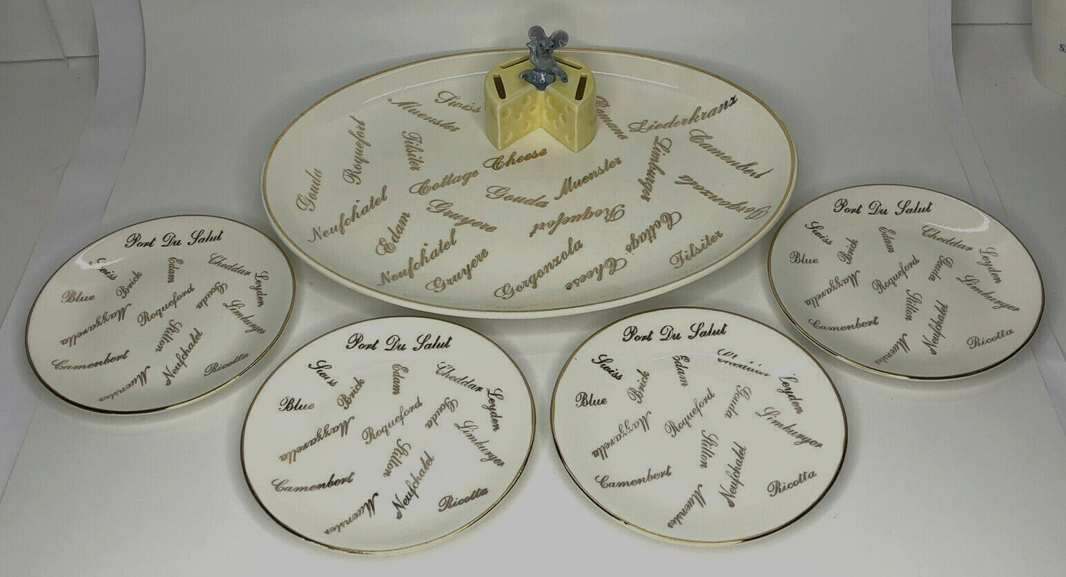 Vintage Cheese & Cracker Serving Set Mouse 4 Plates Cardinal China 22K Gold USA