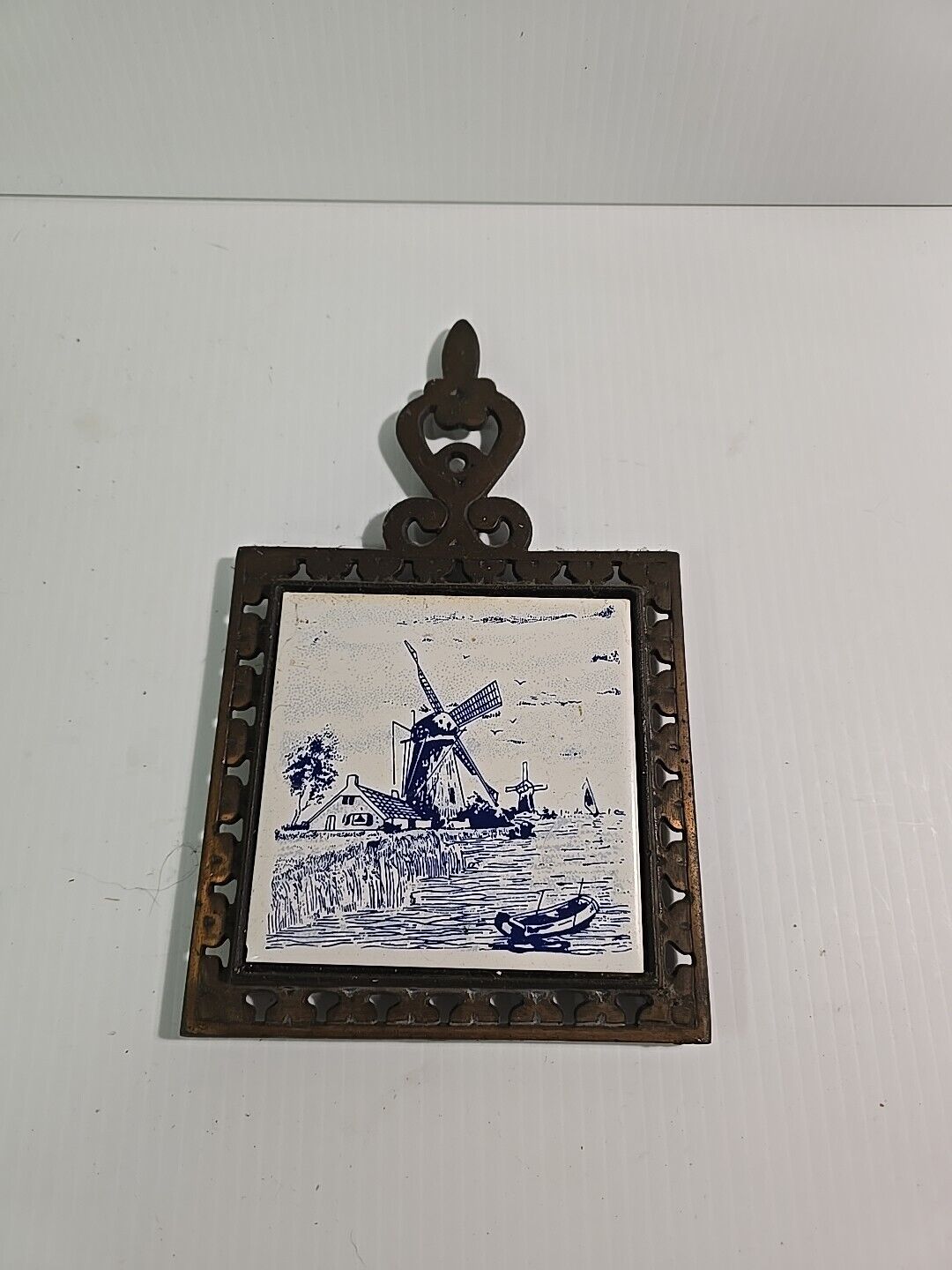 Vintage DELFT Blue / White Tile with Windmill Illustration Trivet w/Metal Base