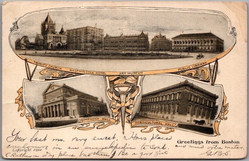1902 BOSTON Mass. Greetings Postcard Multi-View Trinity Church Symphony Hall