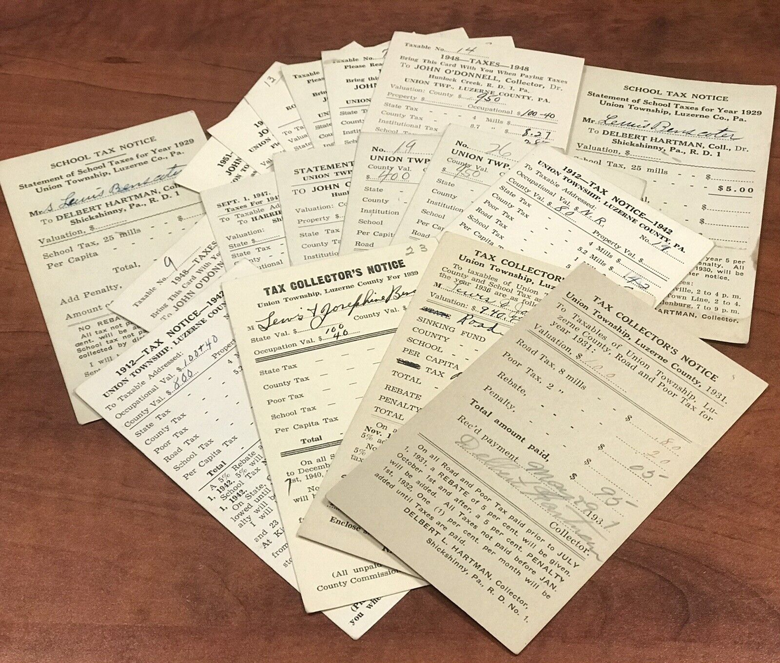 Vintage 1929 - 1951 18pc Lot One Cent Green Jefferson Postal Card PA Tax Notice