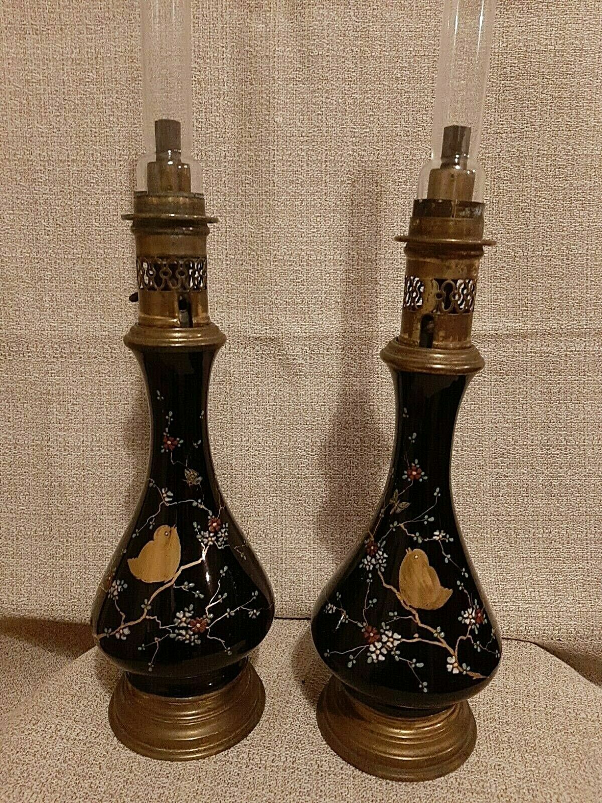 ~Antique Russian Pair Japanese Scene Black Opaline w/ Birds Gas Lamps c1870\'s~