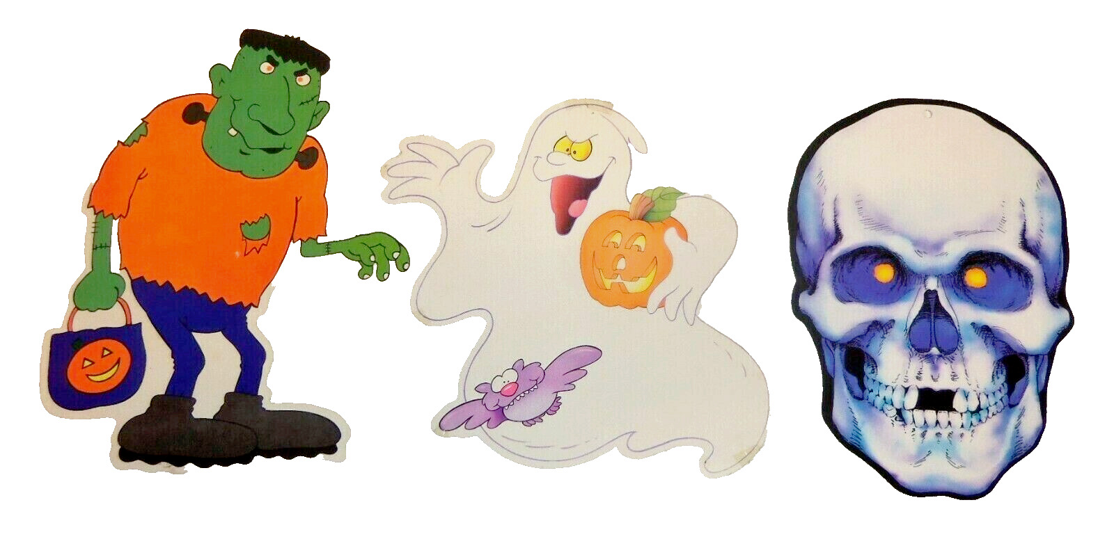 3 VTG Skull Frankenstein Ghost  Eureka Halloween Die Cut Out Window Decorations