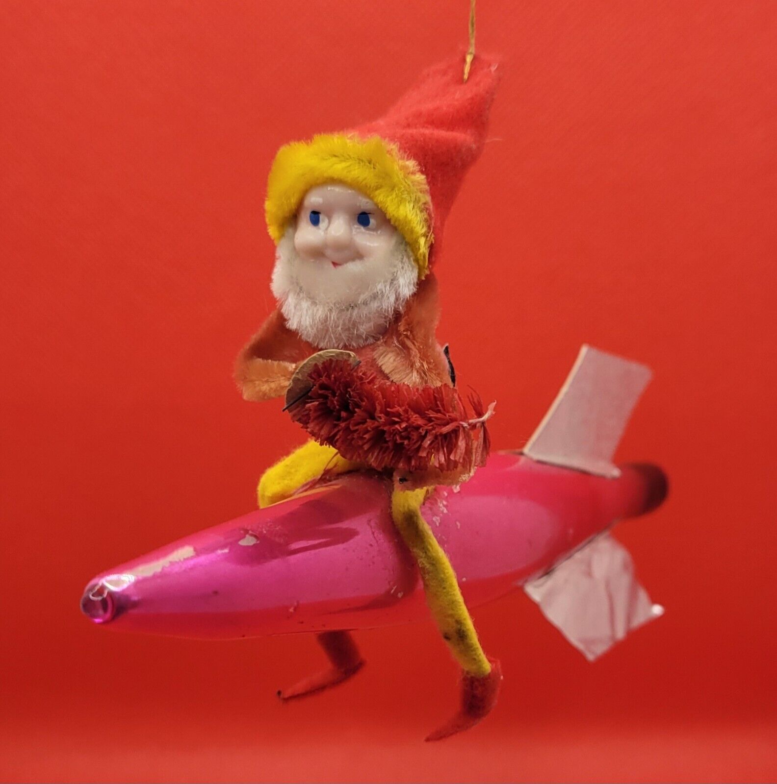 Vintage 1960s Elf on Rocket Christmas Ornament Mercury Glass Pink Atomic MCM 
