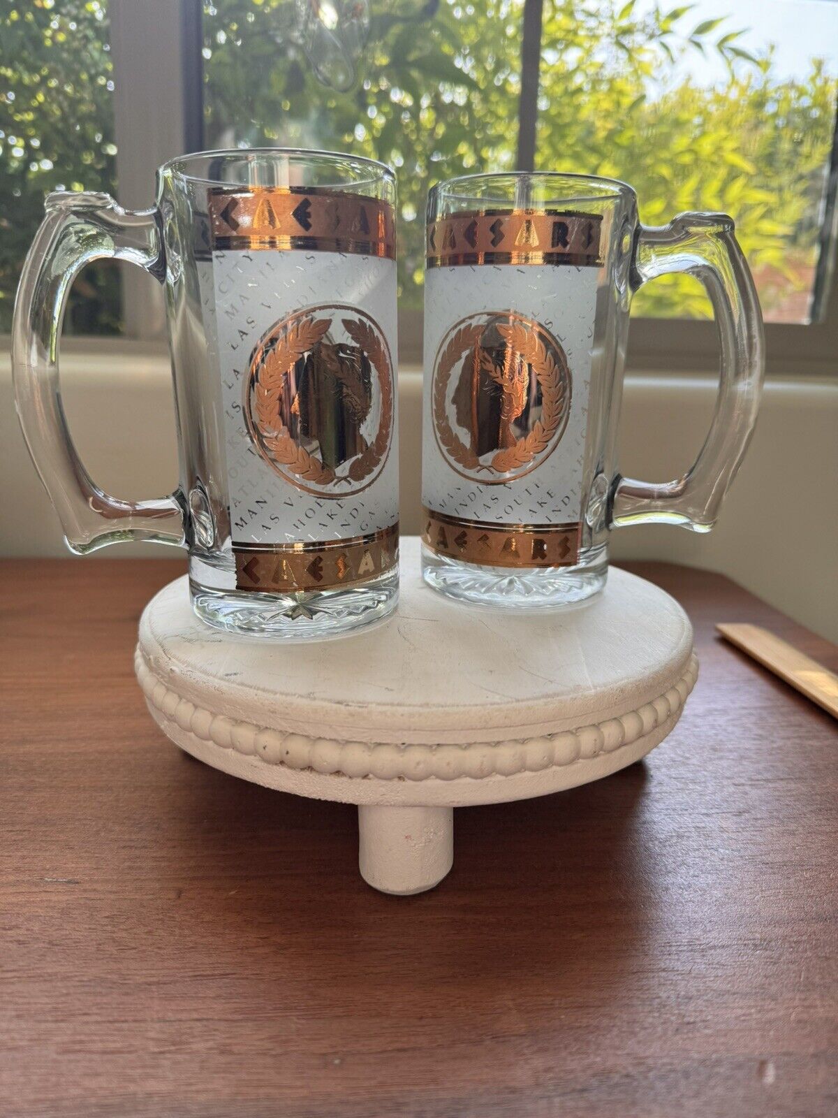 Caesar\'s Palace Vintage Frosted Logo Glass Mugs Lot Of 2. EUC. 5.5 X 2.5 Inches