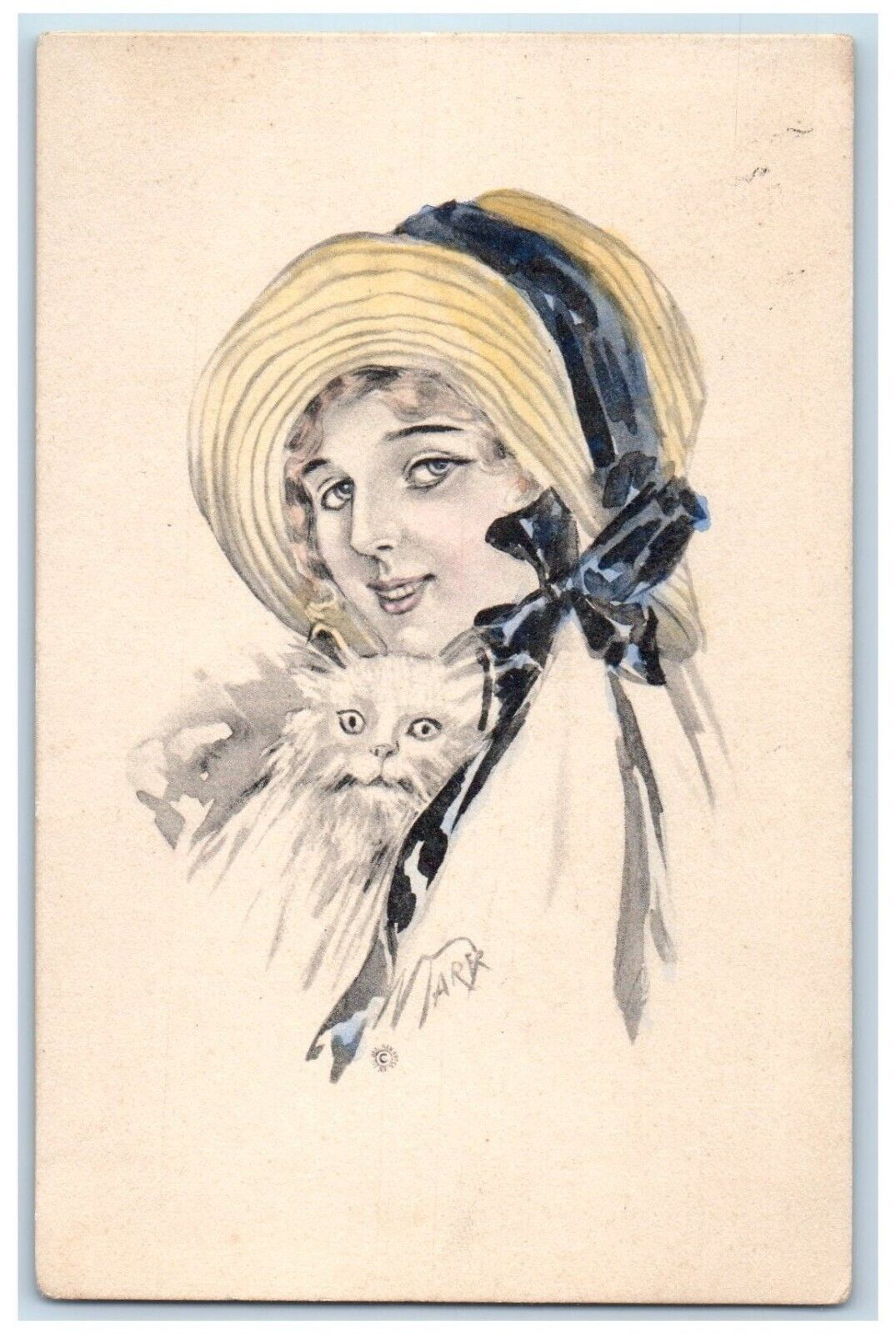 1912 Pretty Woman Big Hat Cat Lewiston Minnesota MN Posted Antique Postcard