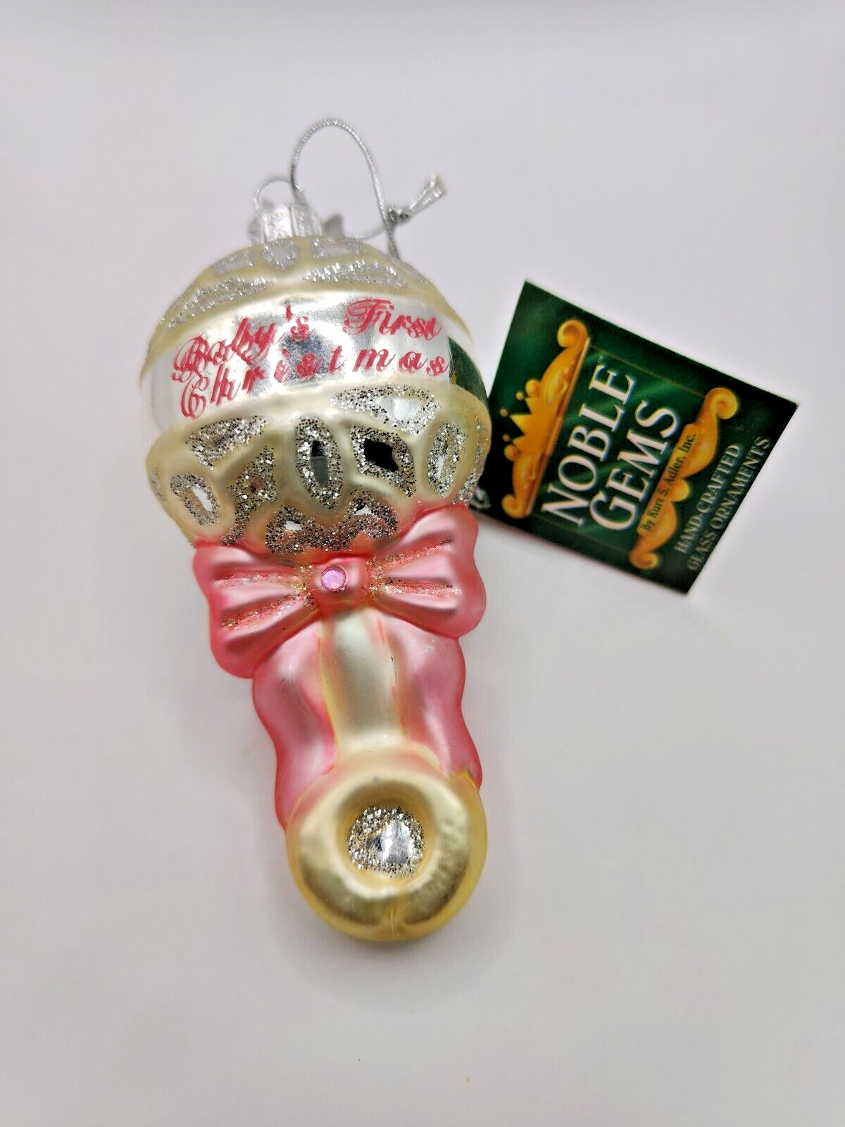 Kurt S Adler Noble Gems Baby Girl First Christmas Glass Ornament Pink Rattle 4\