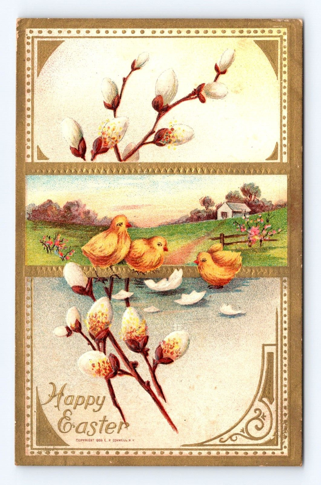 Old Postcard Embossed Easter Greetings Chic\'s Eggs Flowers Coweta OK Cancel 1910
