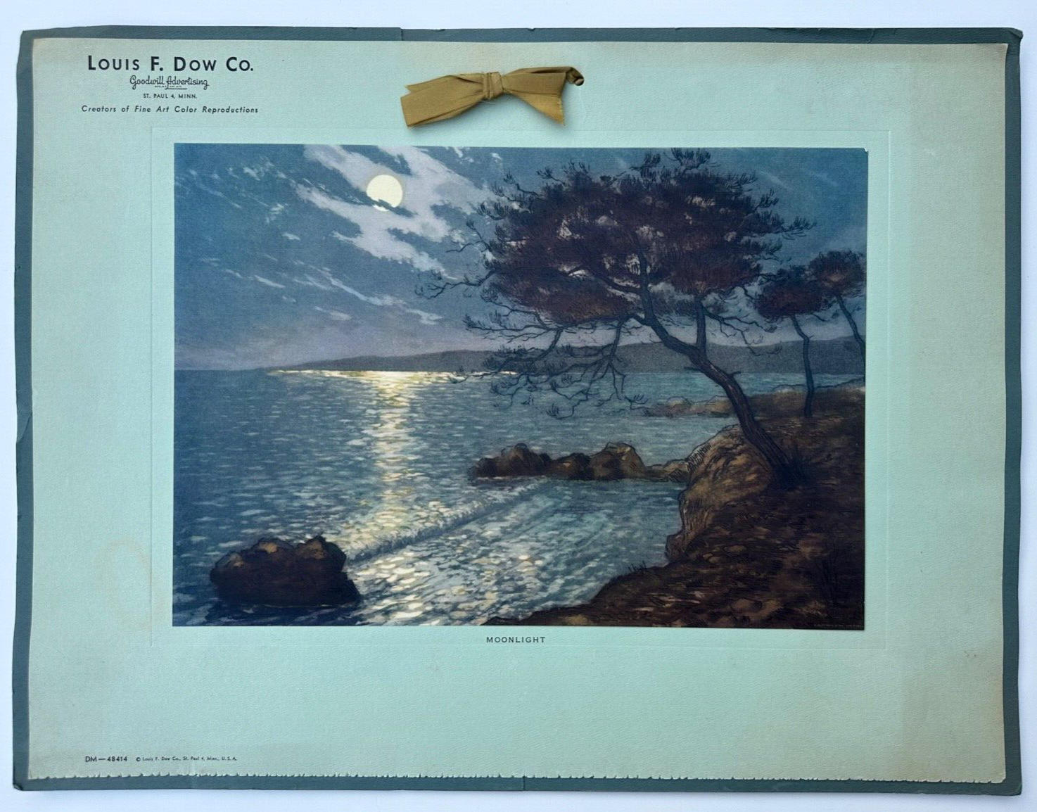 Moonlight, Vintage Louis F. Dow Co. Calendar Print, Moonlit Ocean Coastline