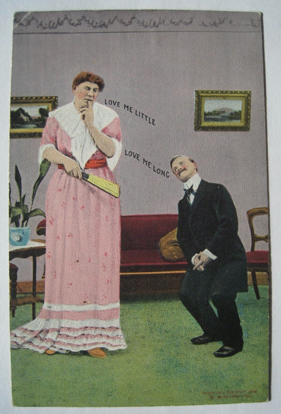 Tall Woman, Short Man Old 1908 Humor Postcard by Bamforth Publ.