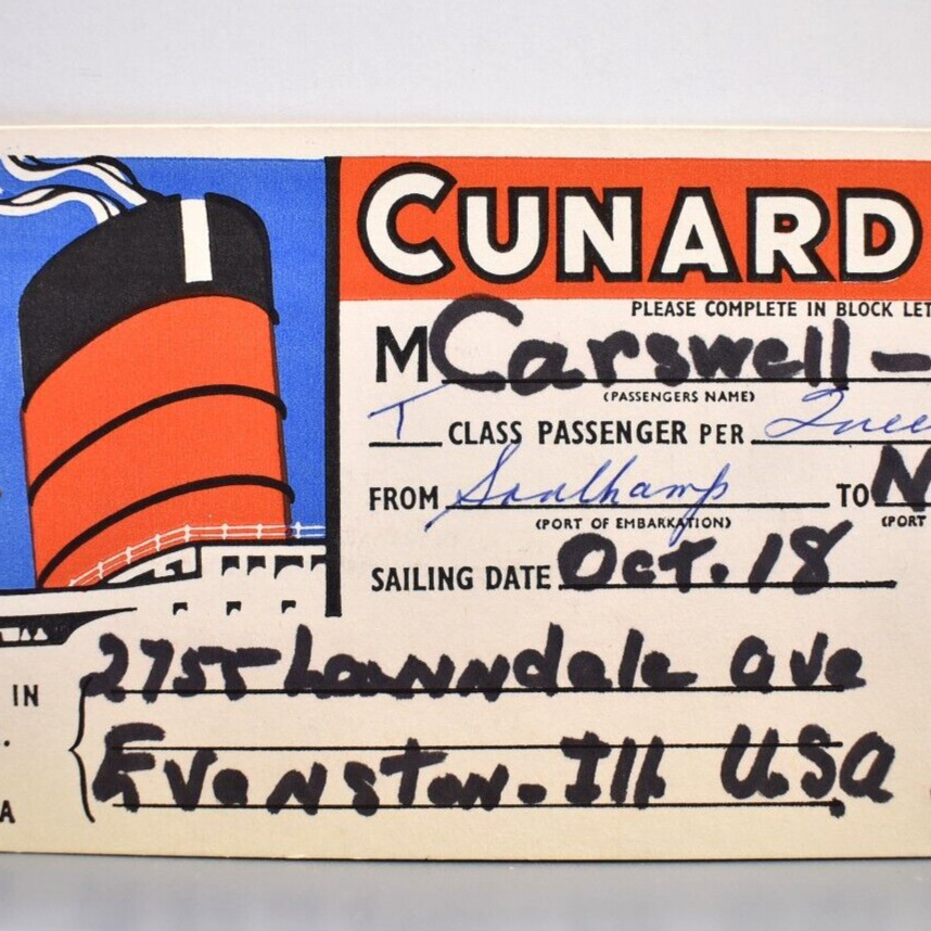 1962 RMS Queen Elizabeth Luggage Trunk Label Tag Cunard Line Evanston Illinois