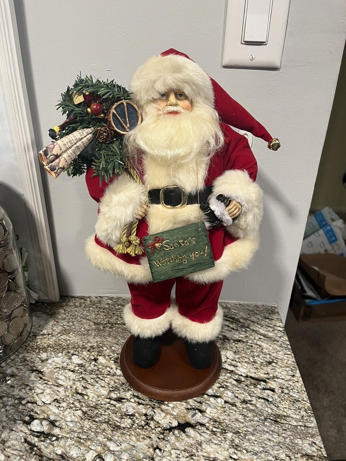 Vintage Standing Santa On Wood Base 17” “Santa’s Watching You”