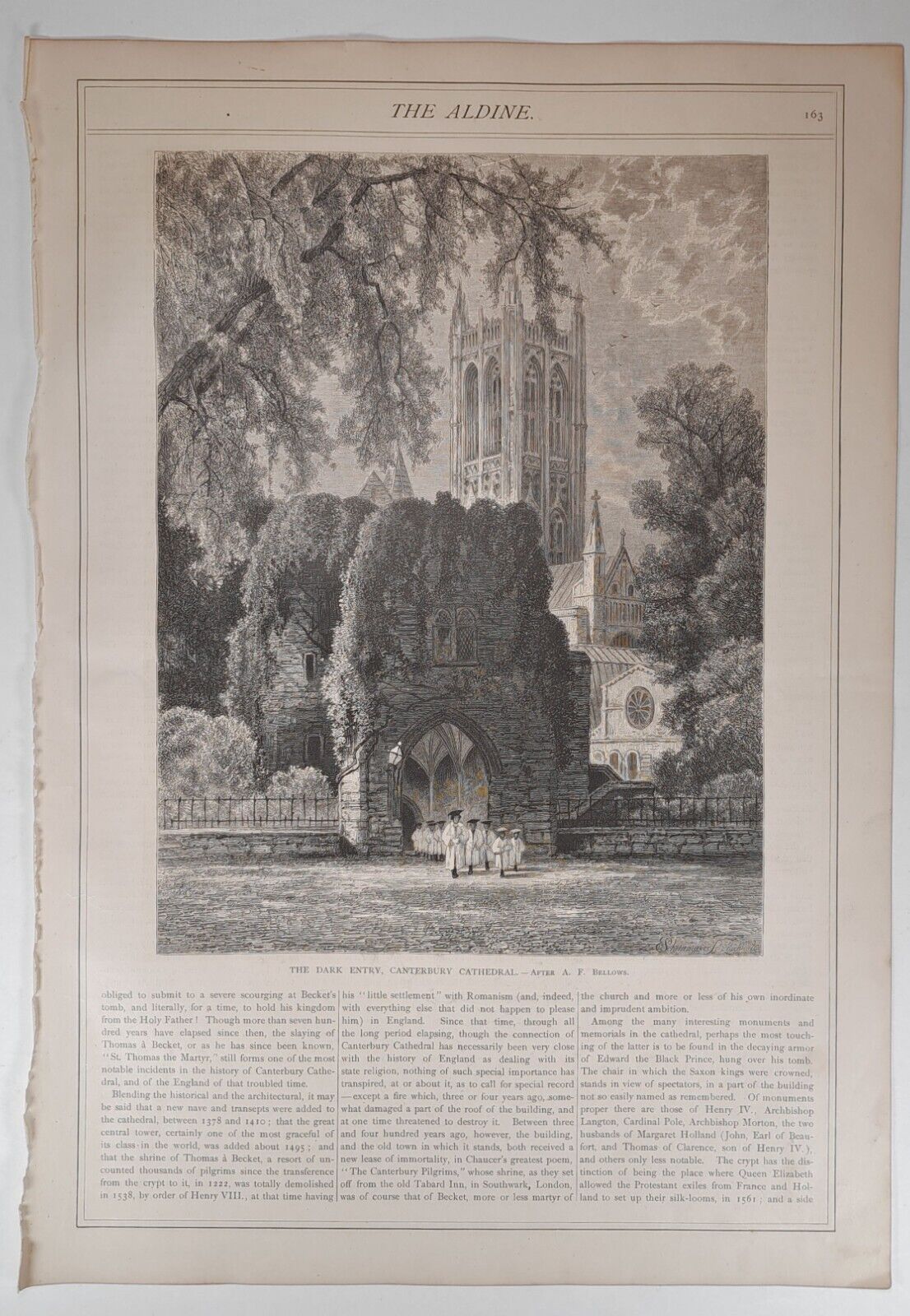 1876 Victorian Printed Art Engraving, Entry, Canterbury Cathedral - Bellows Kent