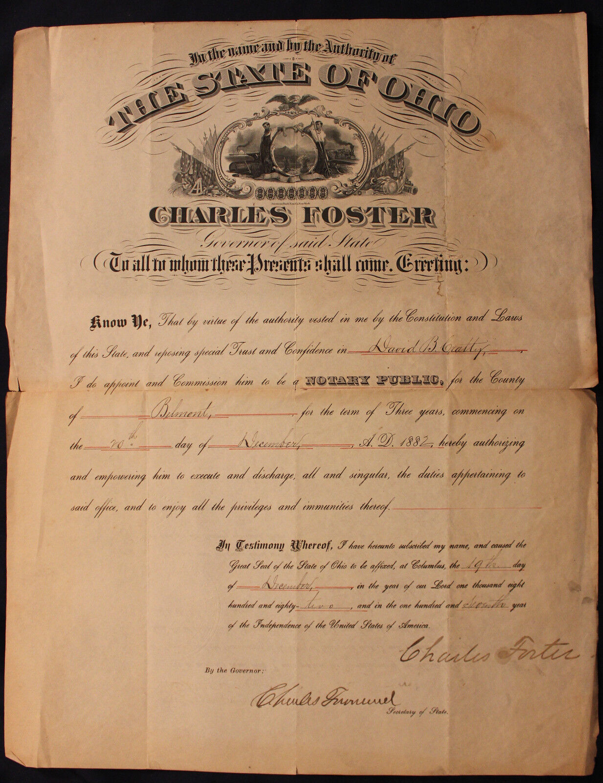 Original 1882 Ohio Governor Charles Foster Signed Document