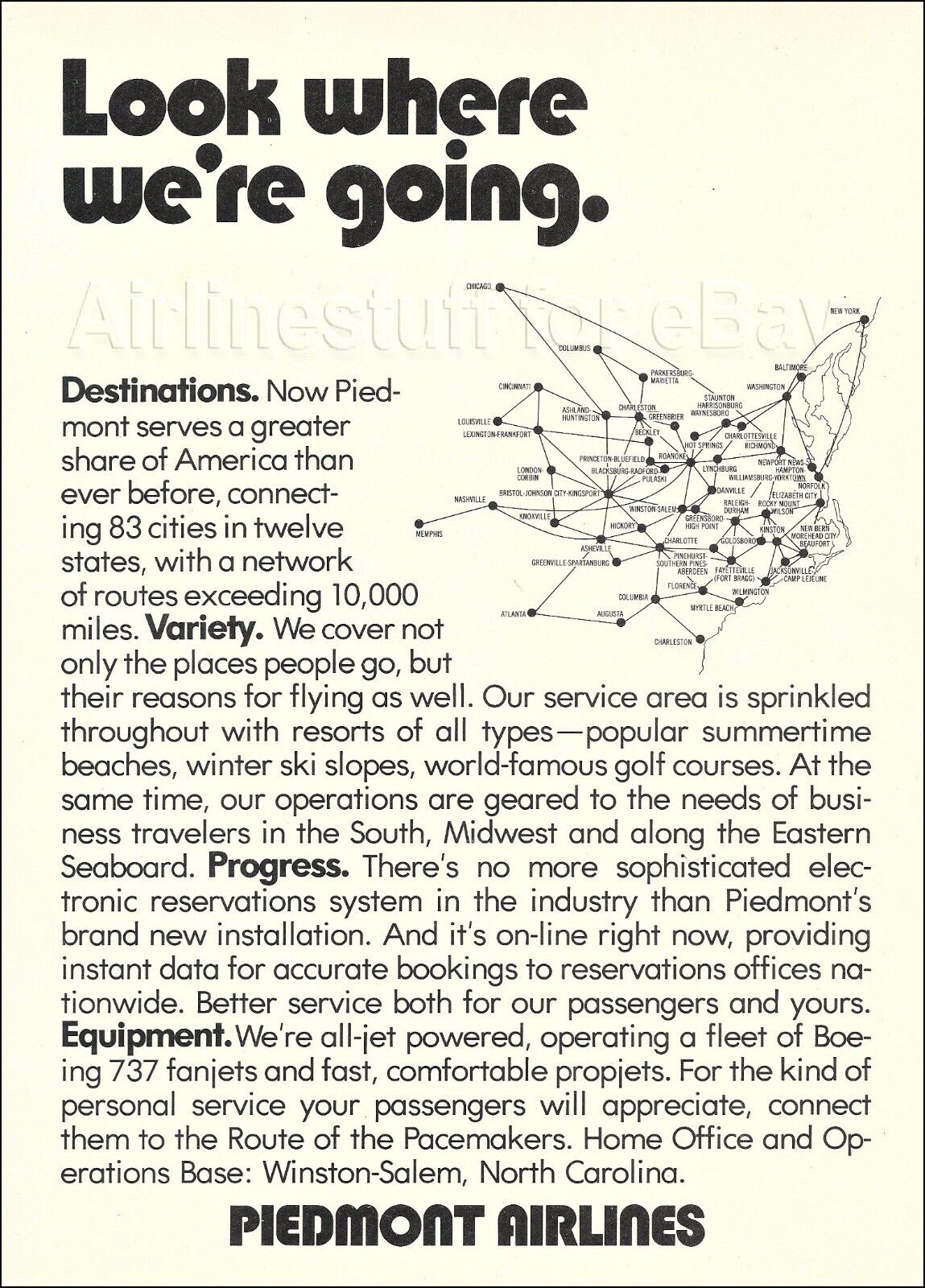 1971 PIEDMONT Airlines BOEING 737-200 FANJETS ad advert ROUTE MAP