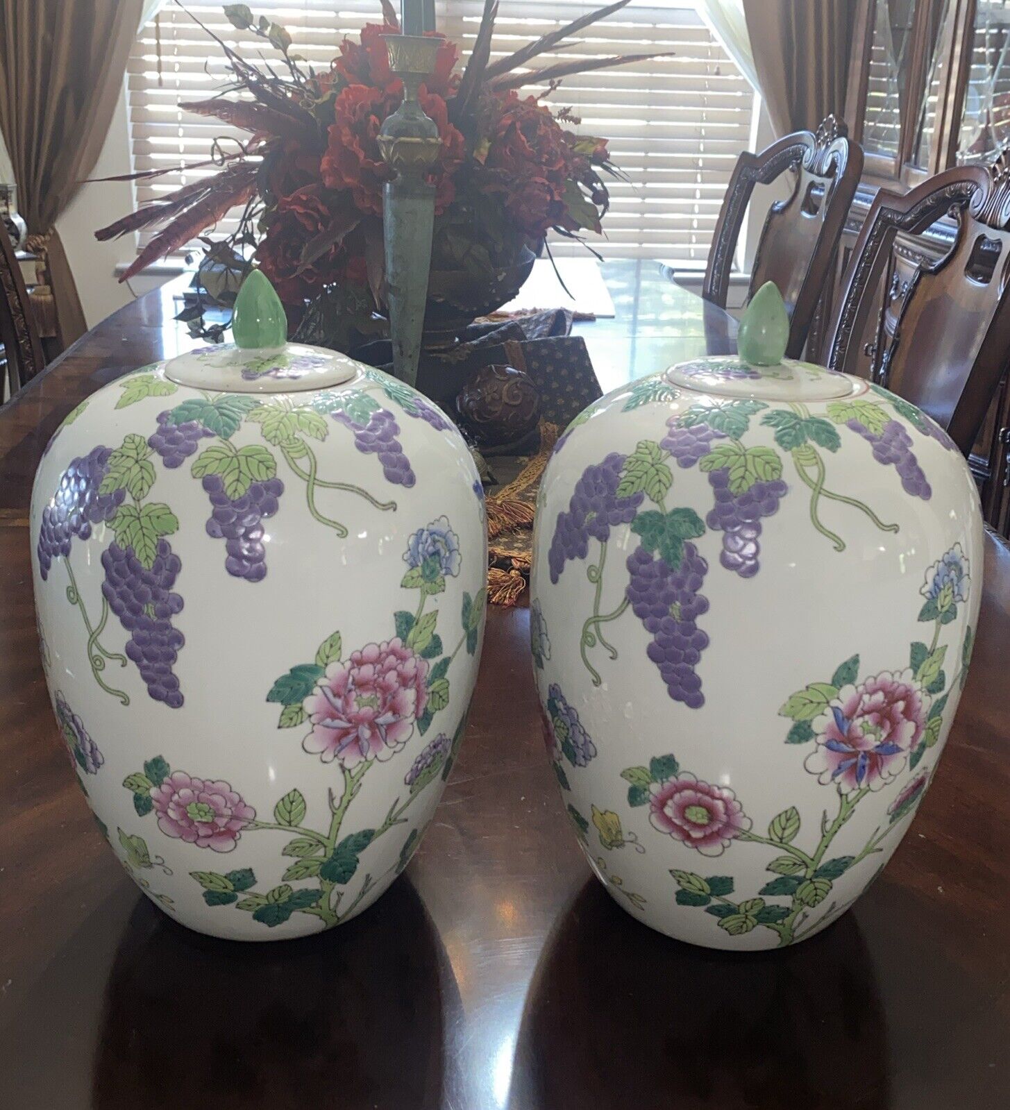 Vintage Pair Of 2 Large Chinese Porcelain Ginger Jars Hand Painted With Lids