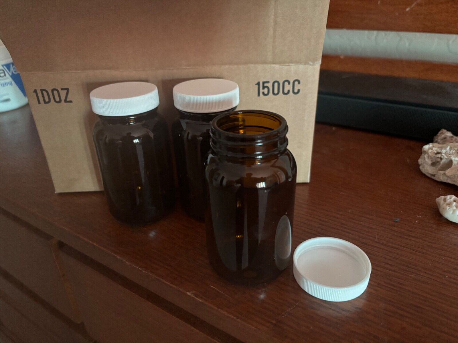 Case of 12 Amber Glass Apothecary Pill Jars with lids