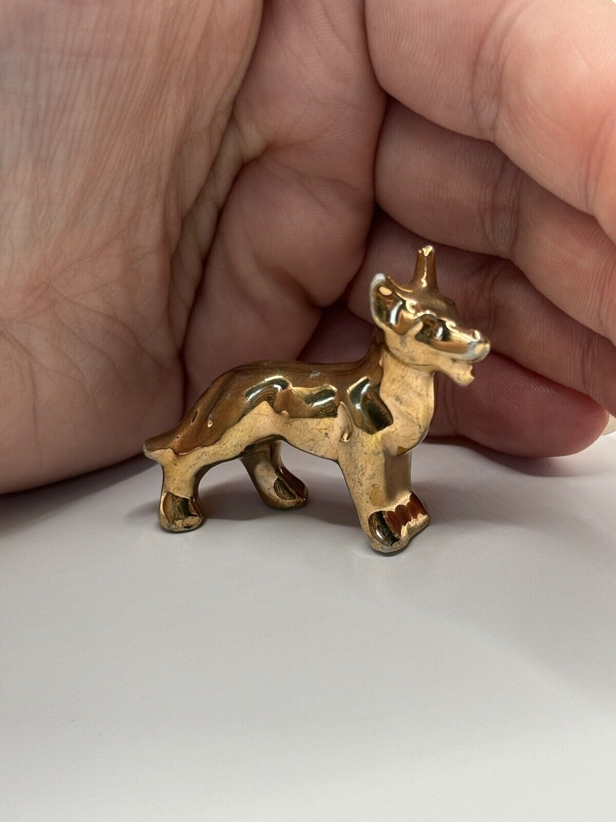 Vintage Antique Tiny Gold Shepard Dog Miniature Trinket Unique Figurine Worn***