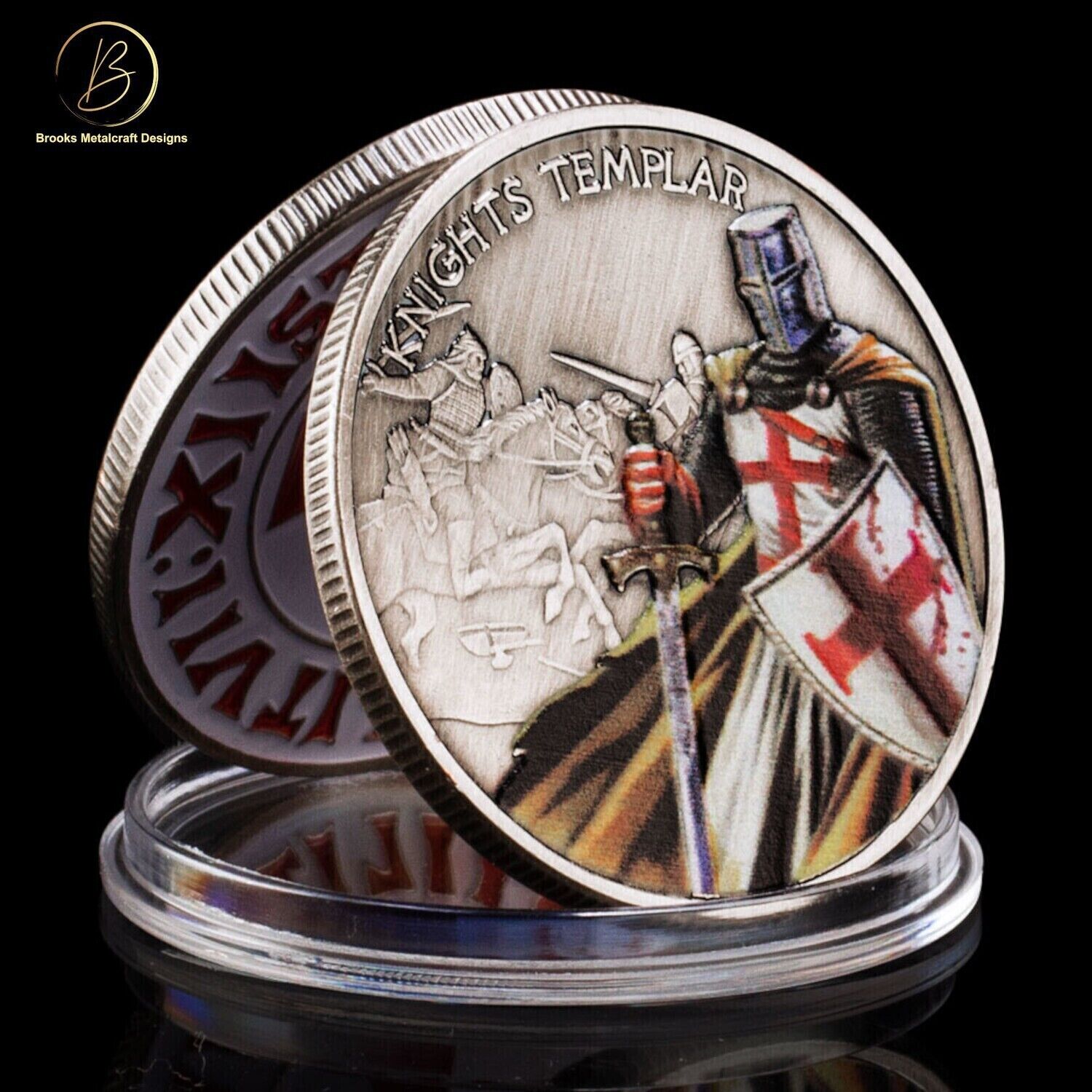 Knights Templar Colorized Front Antique Silver Challenge Coin