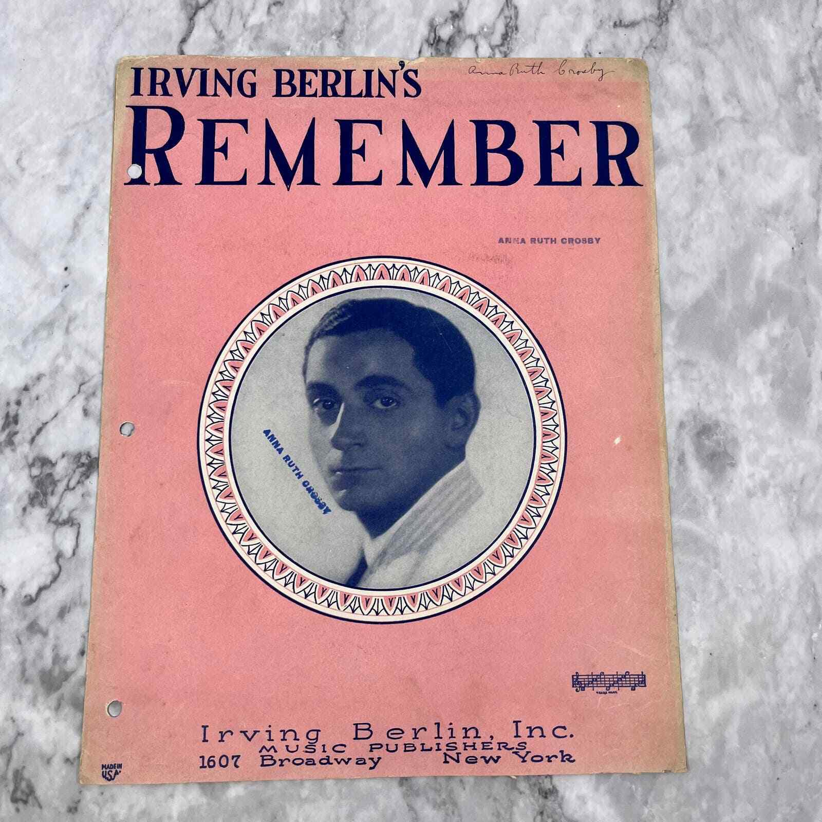 Vintage 1925 Irving Berlin\'s Remember Sheet Music Vintage Song Musical TJ4