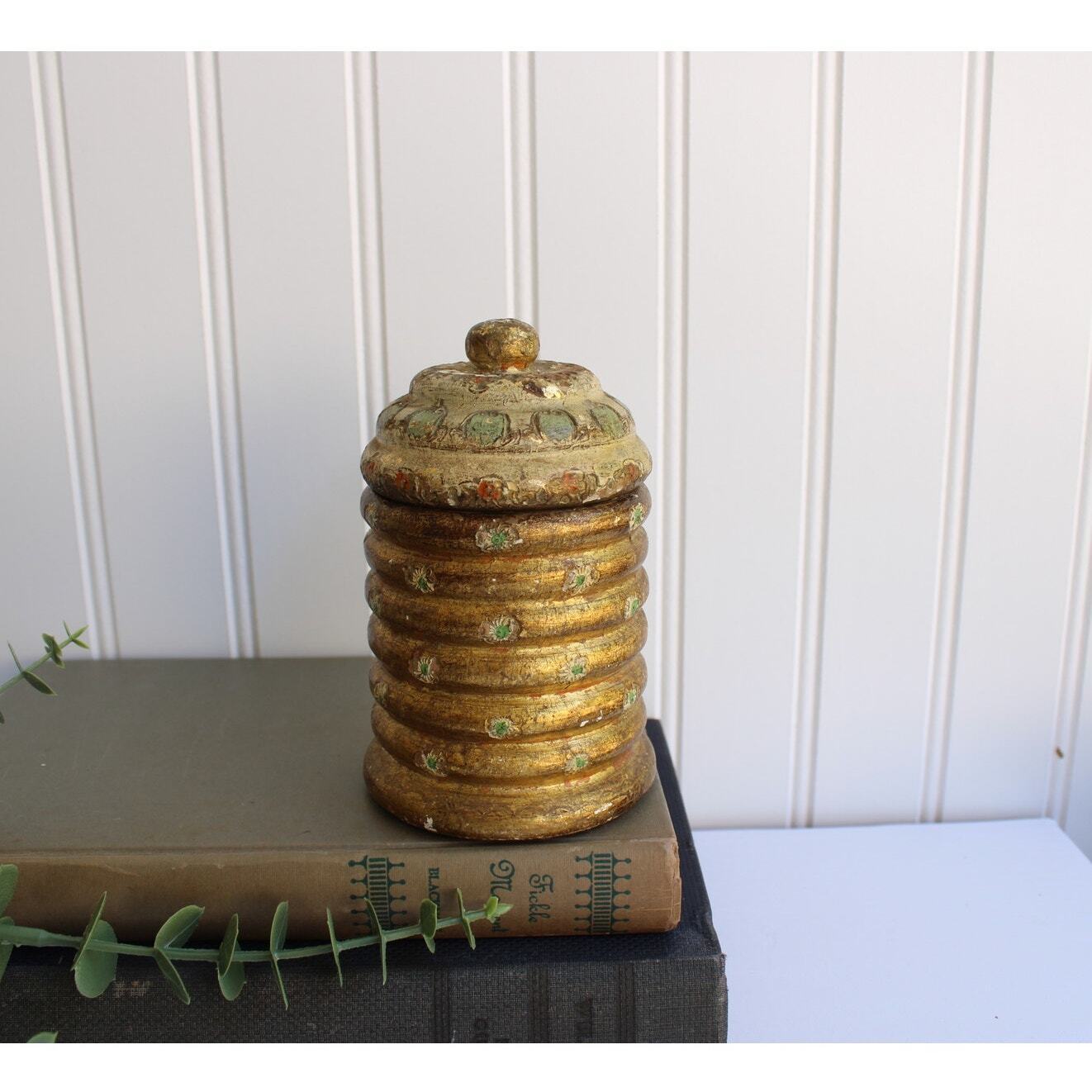 Vintage Italian Florentine Small Lidded Jar | Wood Florentine Box | Gold & Green