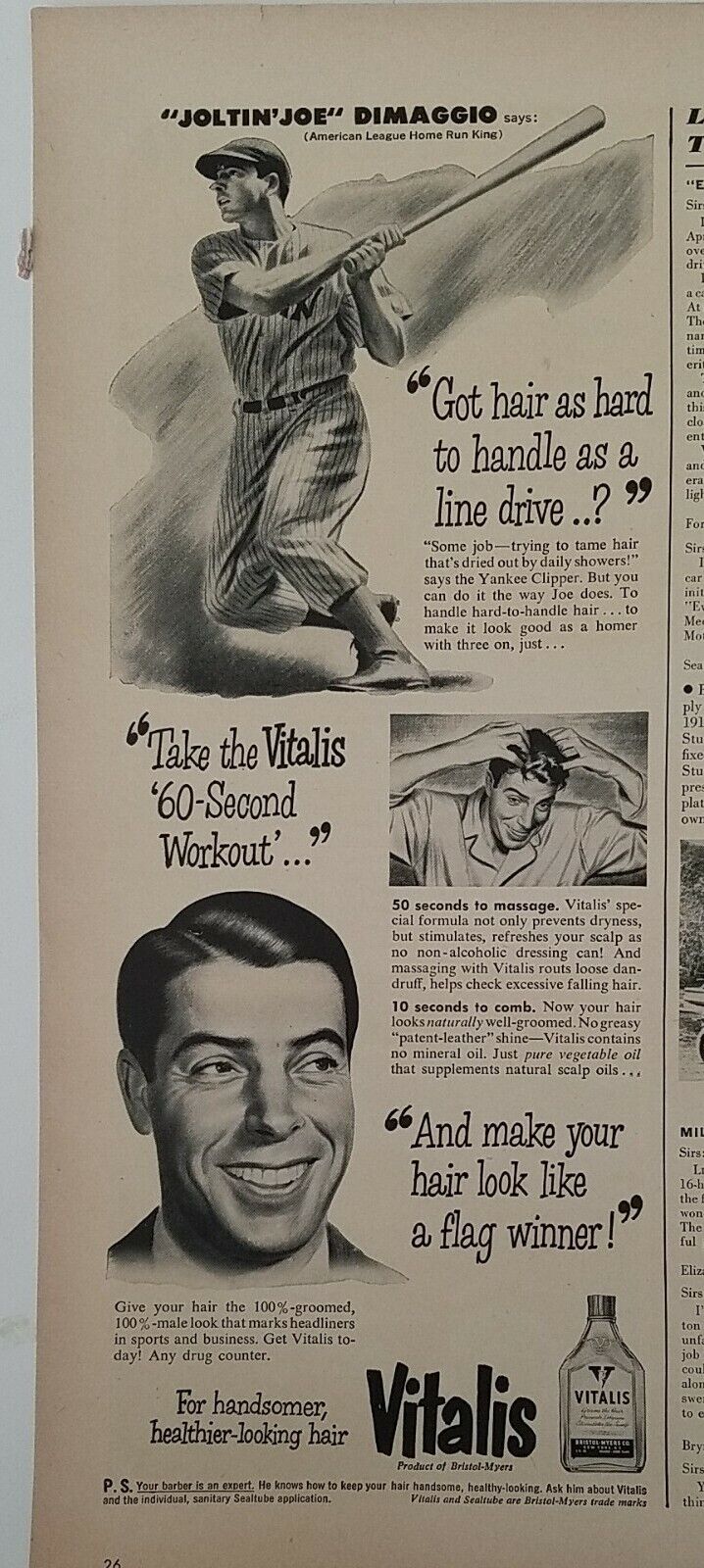 1949 Vitalis got hair Hard to Handle as Line Drive baseball Joe DiMaggio ad