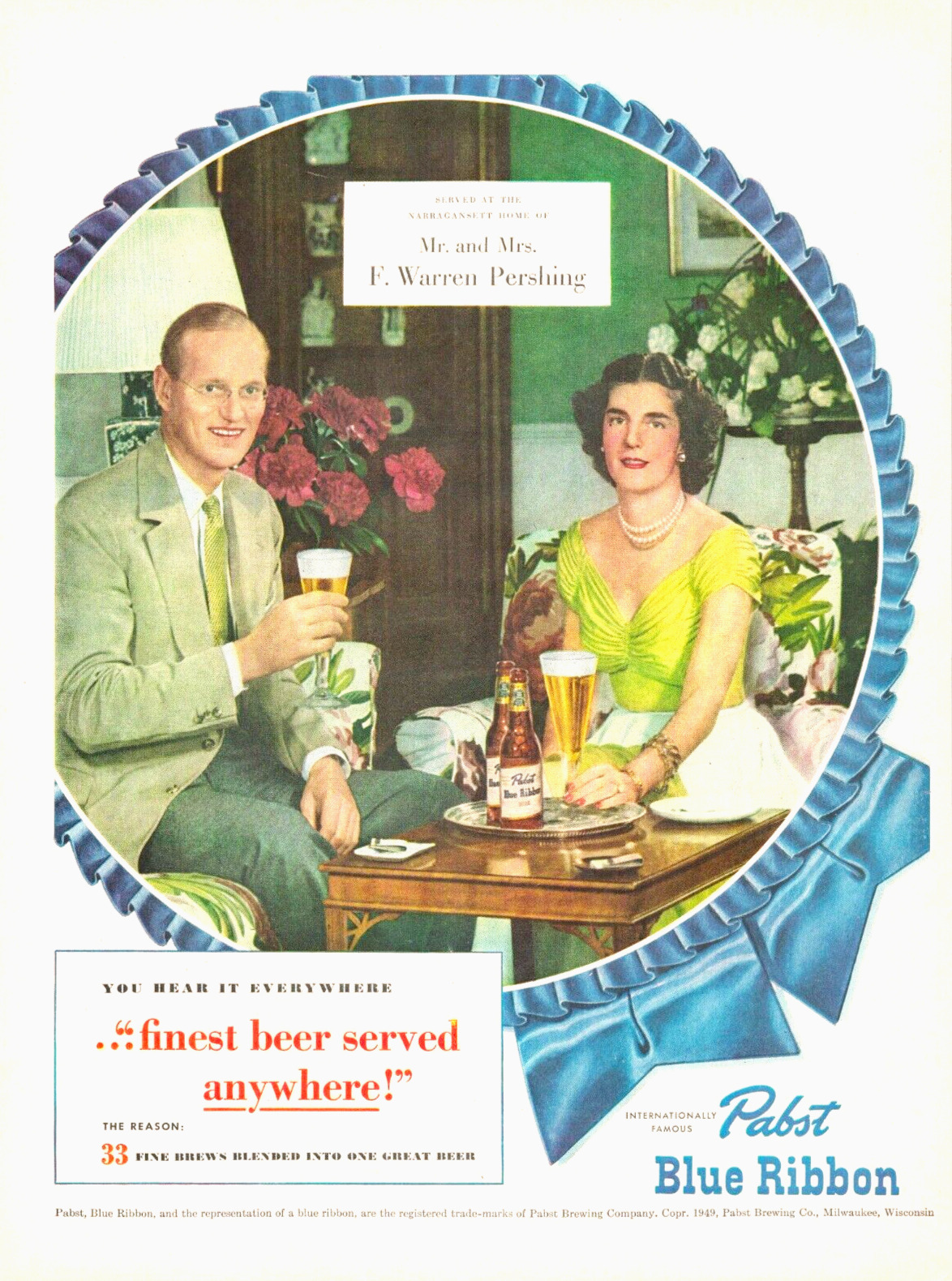 1949 PABST BLUE RIBBON  Beer vintage print ad tall glass husband wife suit L9