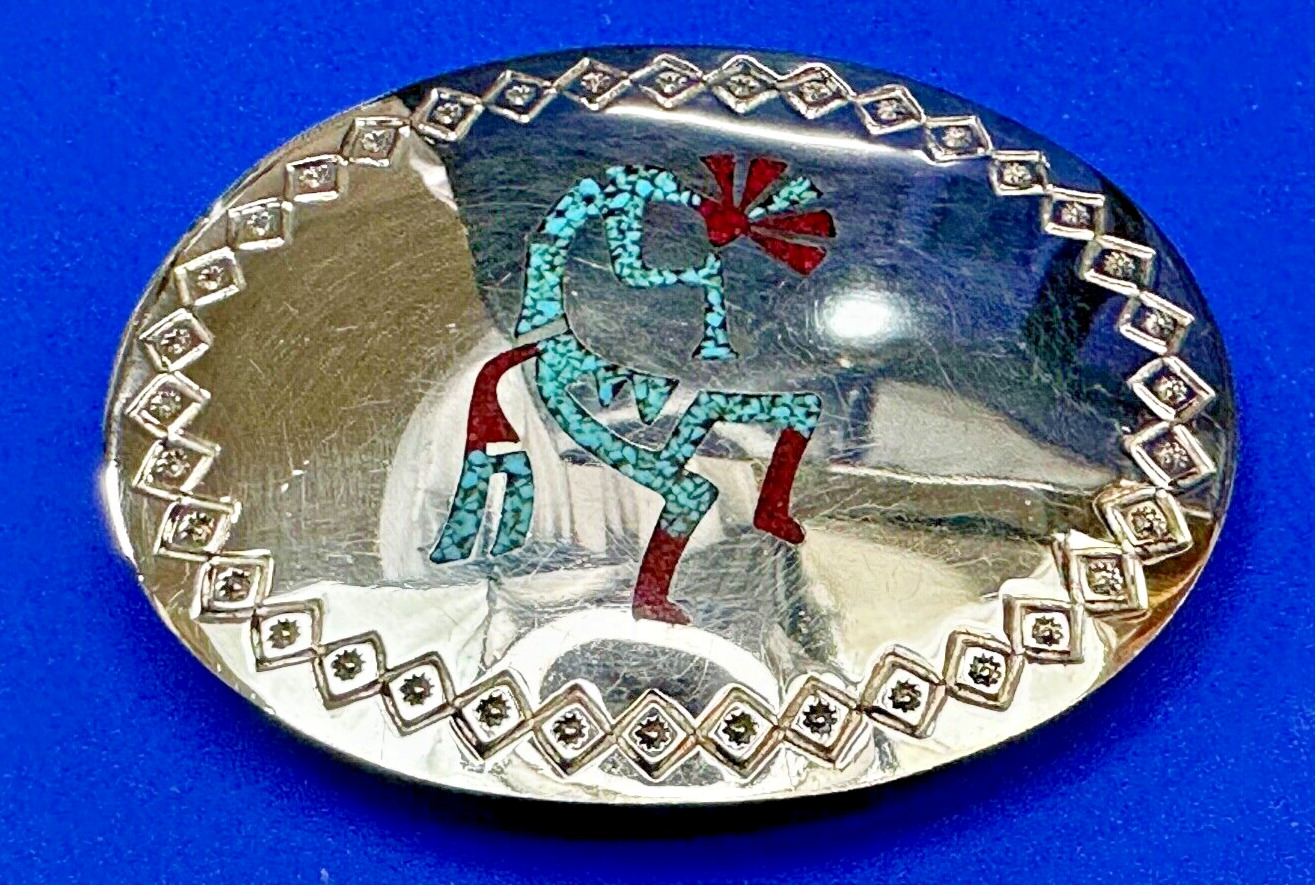 Kokopelli Hopi Turquoise and Coral Inlay Native American Belt Buckle