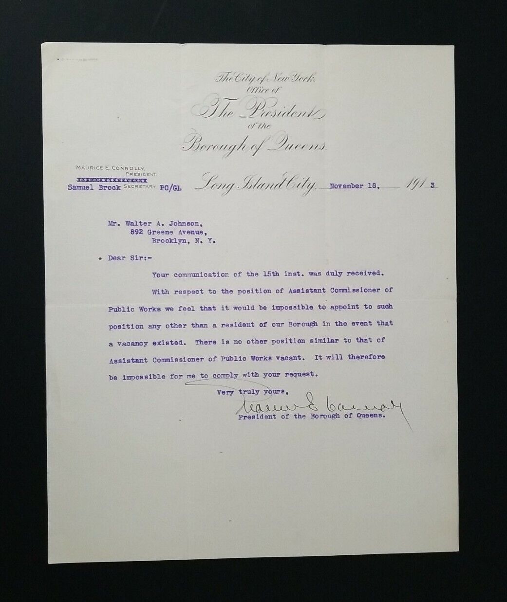 1913 City of New York, Maurice E Connolly, Pres Borough Of Queens, Signed Letter