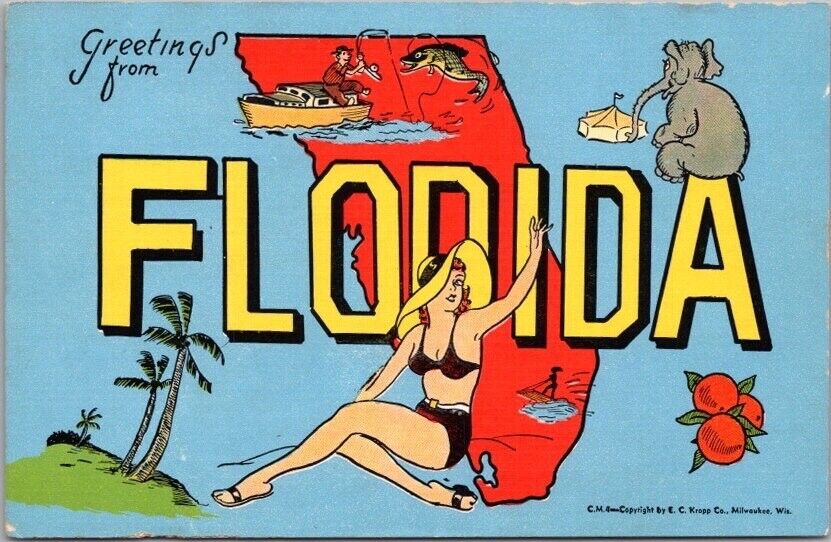c1940s FLORIDA Large Letter State Map Outline Comic Postcard Kropp Linen #CM4