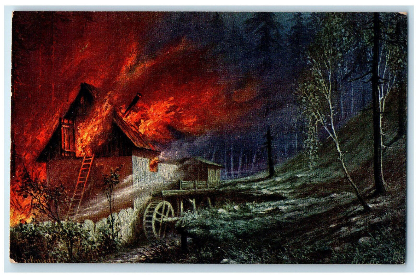 c1910 Fire In The Forest House with Mill Antique Oilette Tuck Art Postcard