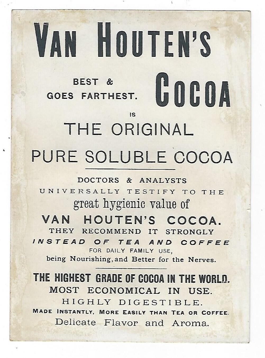 c1890 Victorian Trade Card Van Houten's Cocoa, Tea & Coffee