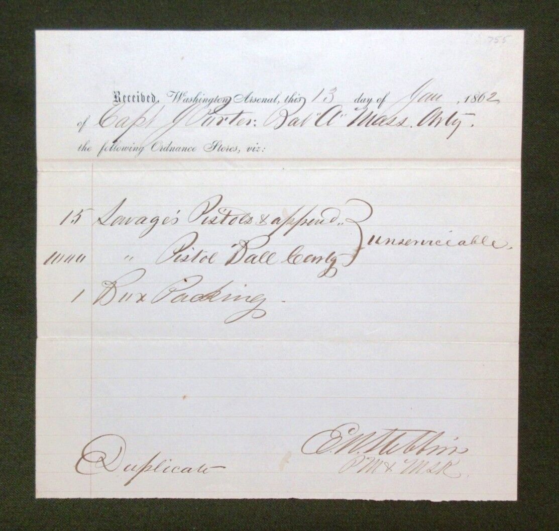 Ordnance Document Received At Washington Arsenal, Jan. 1862 – Savage Pistols