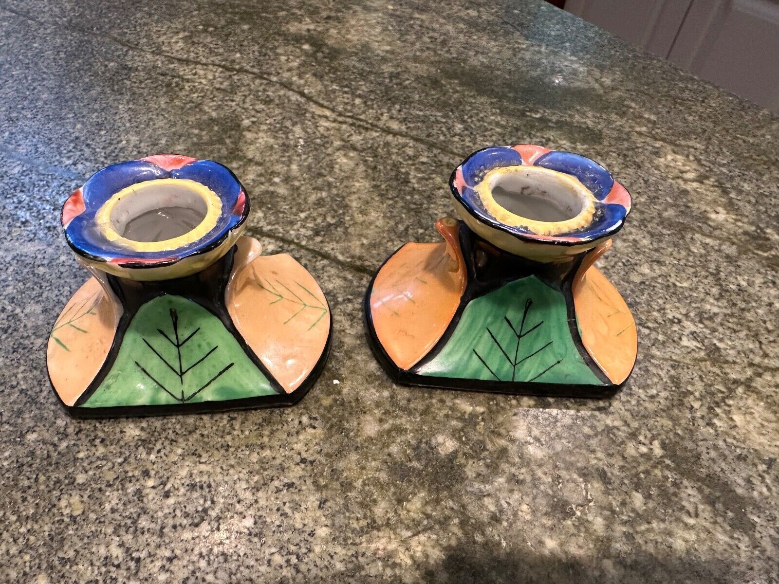 Pair of Japanese Lusterware Porcelain Leaf Motifs Candle holders