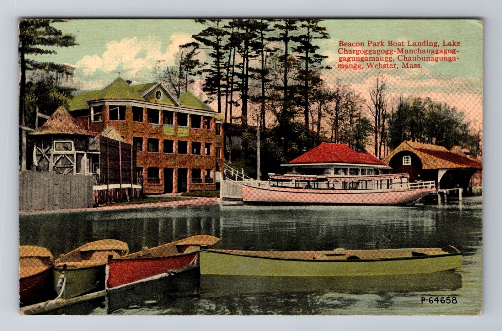 Webster MA-Massachusetts, Beacon Park Lake, Boat Landing, Vintage c1913 Postcard