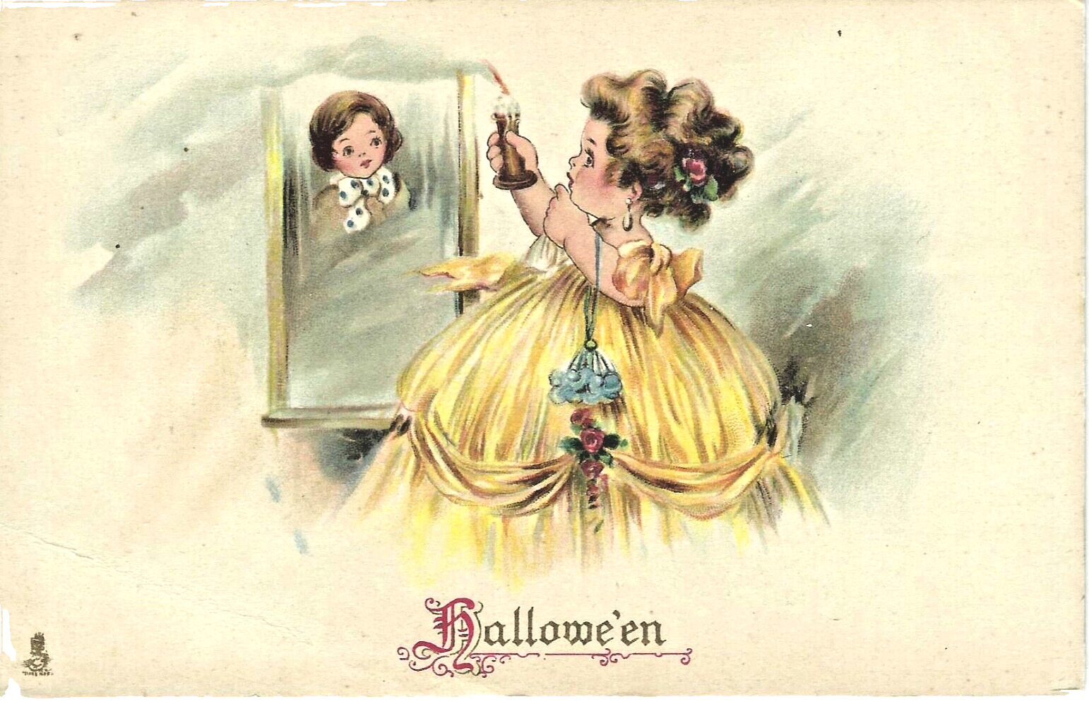 Halloween Postcard Raphael Tuck,#803,Victorian,Dress,Girl,Looking,Mirror,Candle